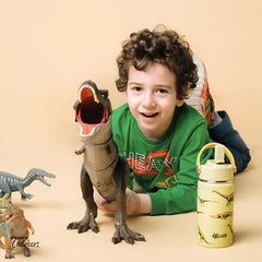 Cheeki 400ml Insulated Adventure Kids Drink Bottles Dinosaur Boy Playing with Dinosaurs