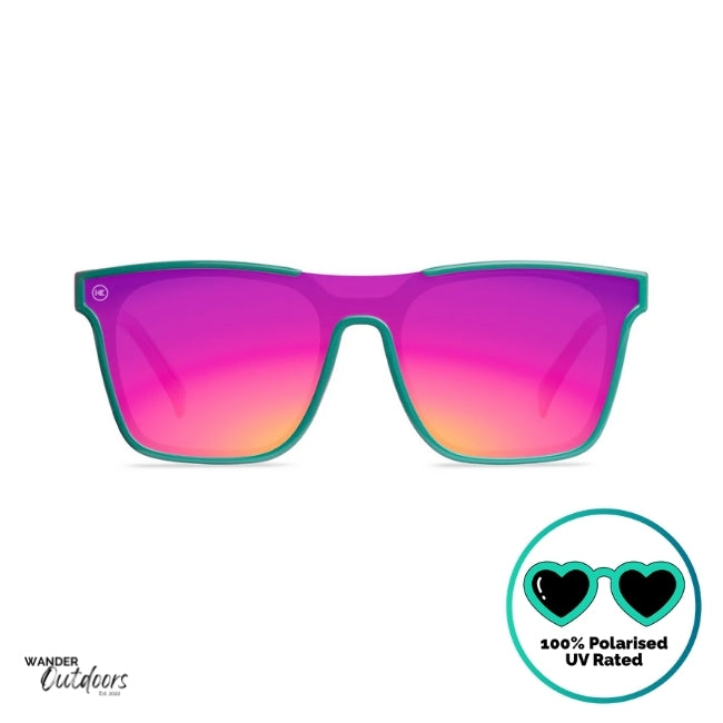 Knockaround Afters Miami Sunglasses with pink lenses and teal frames front view, polarised and UV400 Rating.