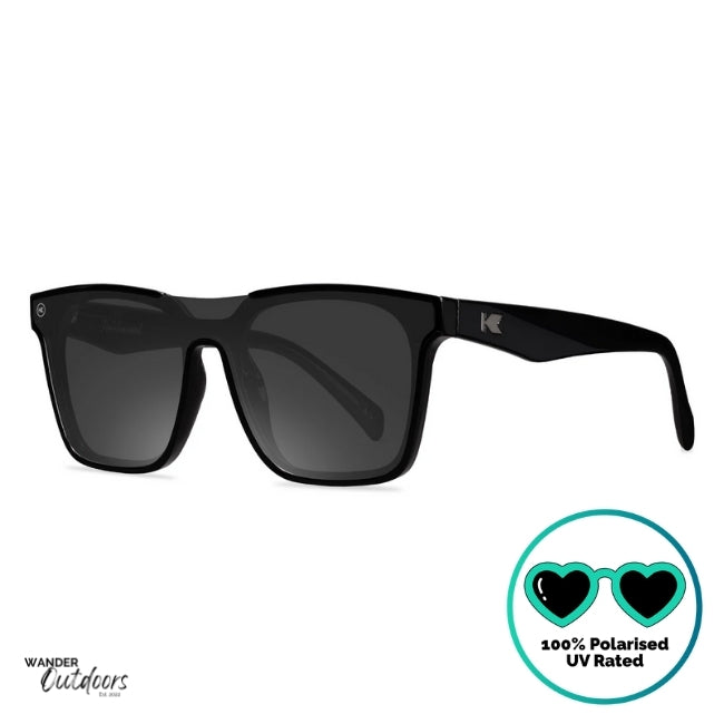 Knockaround Afters Piano Black Sunglasses with black lenses and black frames front side view, unisex polarised and UV400 Rating.