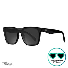 Knockaround Afters Piano Black Sunglasses with black lenses and black frames front side view, unisex polarised and UV400 Rating.