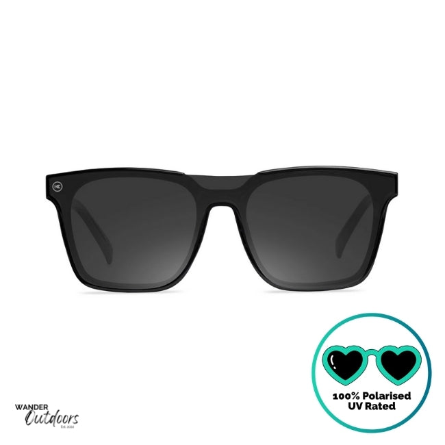 Knockaround Afters Piano Black Sunglasses with black lenses and black frames front view, unisex polarised and UV400 Rating.