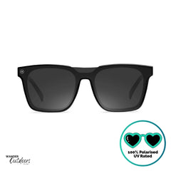 Knockaround Afters Piano Black Sunglasses with black lenses and black frames front view, unisex polarised and UV400 Rating.