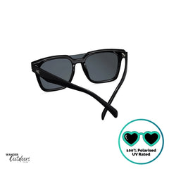 Knockaround Afters Piano Black Sunglasses with black lenses and black frames rear view, unisex polarised and UV400 Rating.