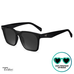 Knockaround Afters Piano Black Sunglasses with black lenses and black frames side front view, unisex polarised and UV400 Rating.