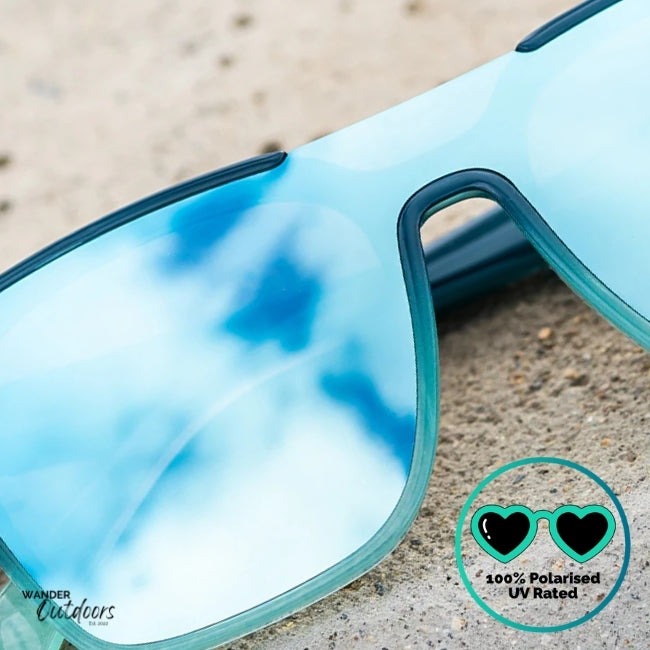Knockaround Afters Seoul Sunglasses with blue lenses and gradient blue frames close up front view, unisex polarised and UV400 Rating.