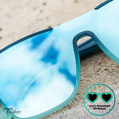 Knockaround Afters Seoul Sunglasses with blue lenses and gradient blue frames close up front view, unisex polarised and UV400 Rating.