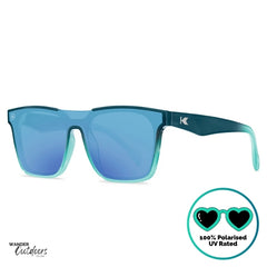 Knockaround Afters Seoul Sunglasses with blue lenses and gradient blue frames side front view, unisex polarised and UV400 Rating.
