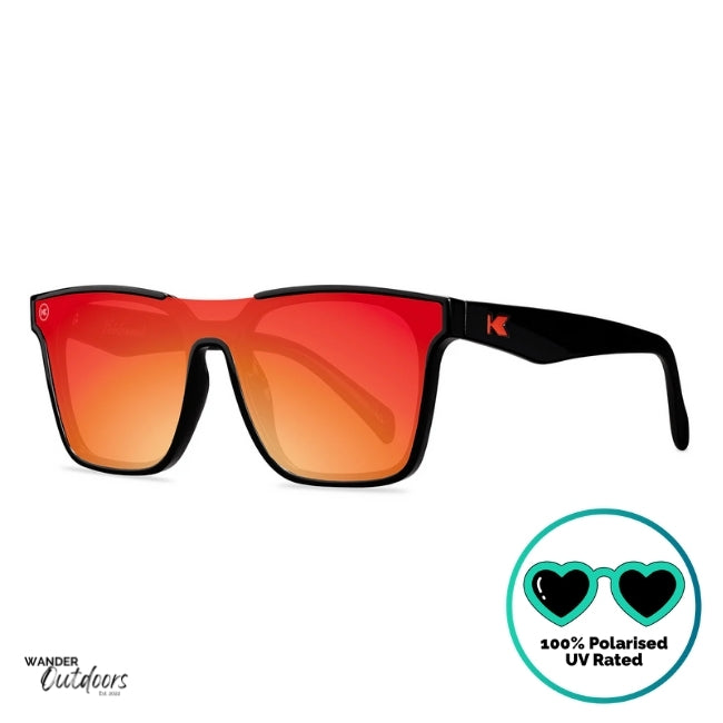 Knockaround Afters Venezia Sunglasses with Red lenses and black frames side front view, polarised and UV400 Rating.