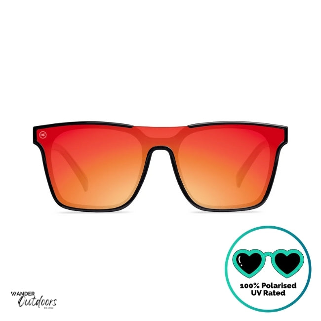 Knockaround Afters Venezia Sunglasses with Red lenses and black frames front view, polarised and UV400 Rating.