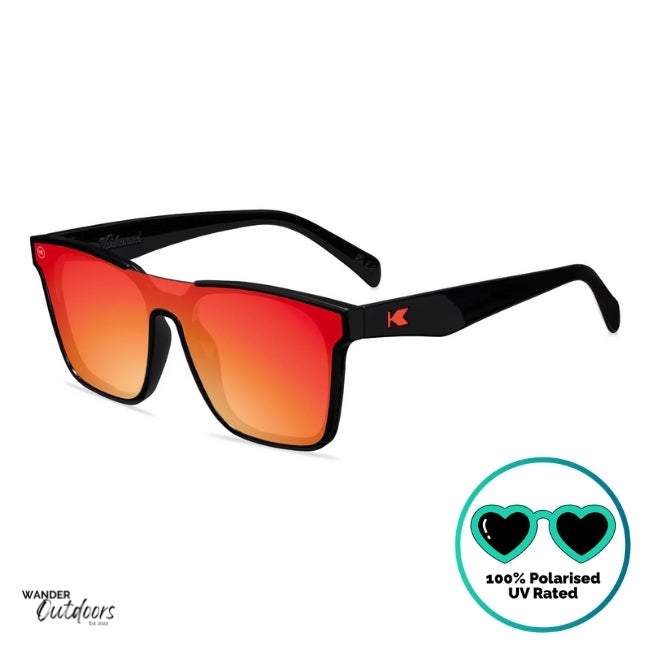 Knockaround Afters Venezia Sunglasses with Red lenses and black frames front side view, polarised and UV400 Rating.