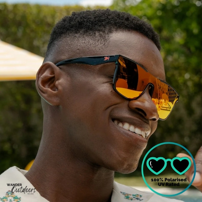 Knockaround Afters Venezia Sunglasses with Red lenses and black frames, unisex, polarised and UV400 Rating.