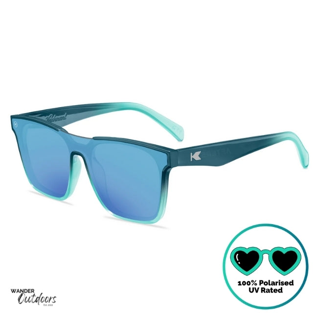 Knockaround Afters Seoul Sunglasses with blue lenses and gradient blue frames side front view, unisex polarised and UV400 Rating.