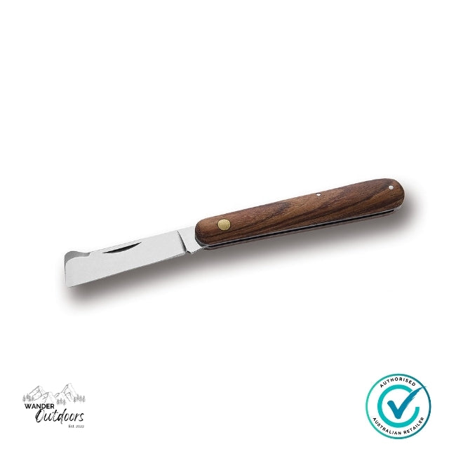 Wooden-handled knife with a metal blade on a white background, featuring Wander Outdoors branding.