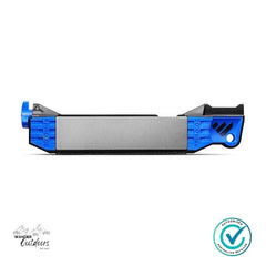 Blue and silver tool with branding on a white background