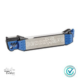 Benchmade knife with blue and gray handle on a white background