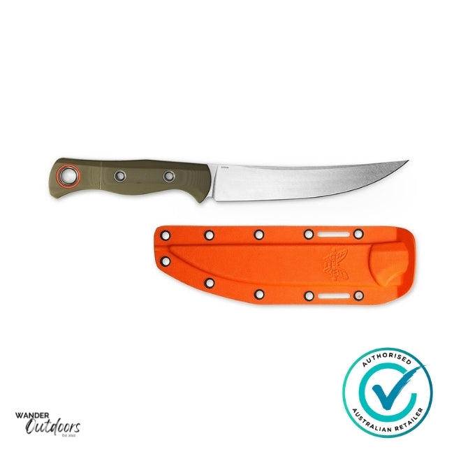Benchmade 15500-3 Meatcrafter, Premium Fixed Blade, OD G10 | Flat Lay with Sheath