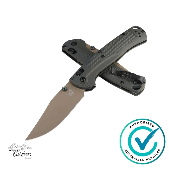 Folding knife with a black handle and brown blade on a white background, featuring an 'Authorized Australian Retailer' badge.