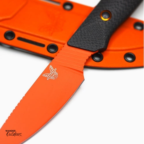 Benchmade 15600OR Raghorn Knife - Fixed Blade - Carbon Fibre Handle Close Up With Sheath