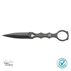 Black knife with a sheath on a white background, featuring a brand logo.