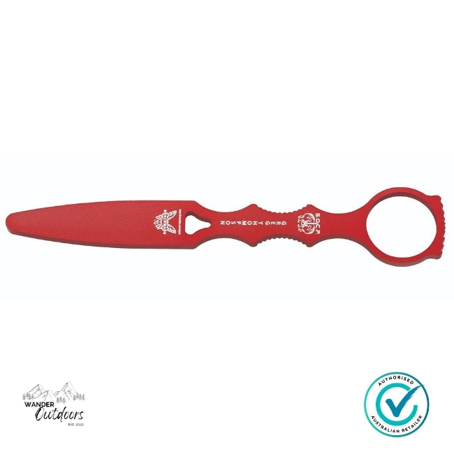 Red tool with branding on a white background