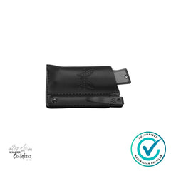 Benchmade 315BK-01 Successor folding knife in black leather sheath with Benchmade logo, CPM-M390 blade and burnt brass handle visible.