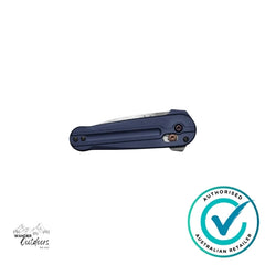 Benchmade 491 Lowden Crater Blue knife shown closed with smooth anodised handle and bronze hardware – Wander Outdoors authorised retailer mark visible.