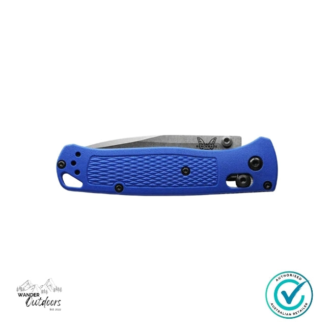 Blue folding knife with a visible brand logo on a white background
