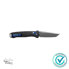 Benchmade 537-09 Bailout knife open on clip side with carbon fibre handle, stonewashed S90V blade, and sapphire blue accents.