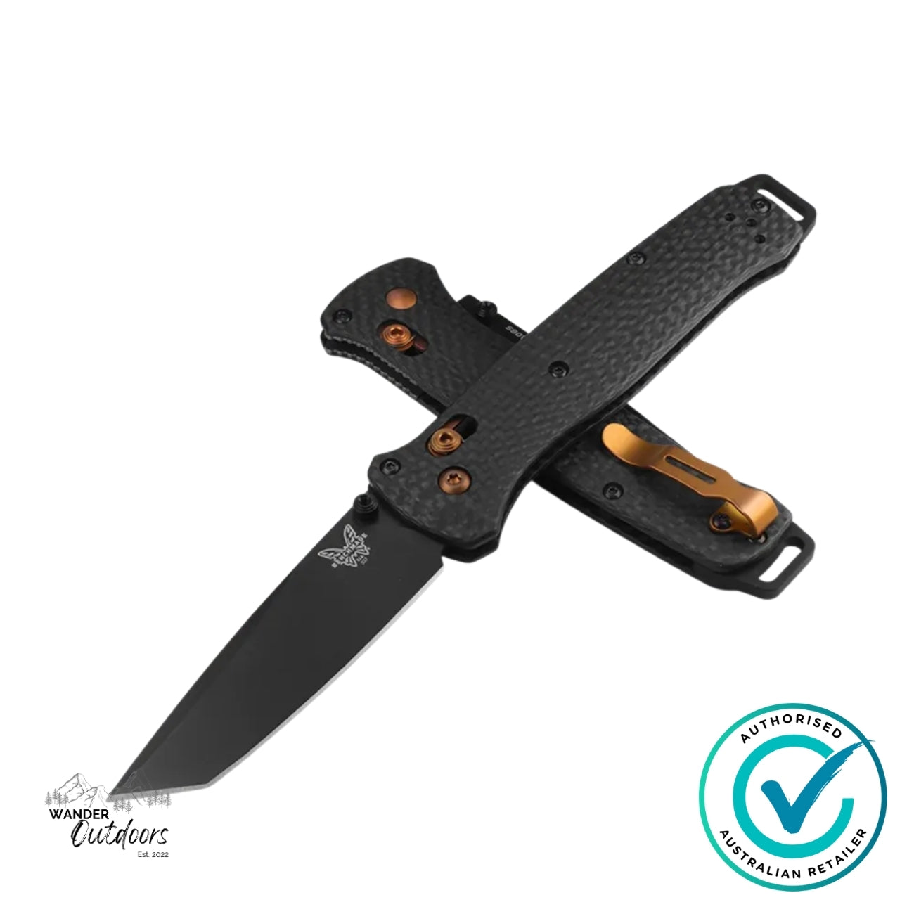 Benchmade 537BK-10 Bailout knife stacked view showing blade profile, bronze clip accents, and carbon fibre construction.