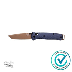 Folding knife with a blue handle and brown blade on a white background, featuring an 'Authorized Australian Retailer' badge.