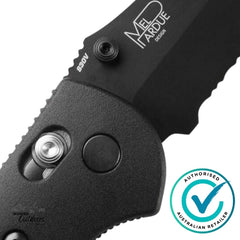 Close-up of a black knife with 'MelPardue Design' branding and an 'Authorised Australian Retailer' badge.