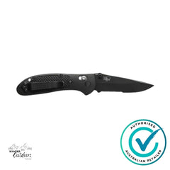 Black folding knife with a visible brand logo on a white background, featuring an 'Authorized Australian Retailer' badge.