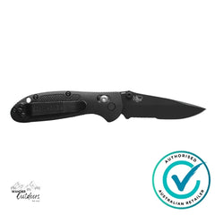 Black folding knife with a visible brand logo on a white background, featuring an 'Authorized Australian Retailer' badge.