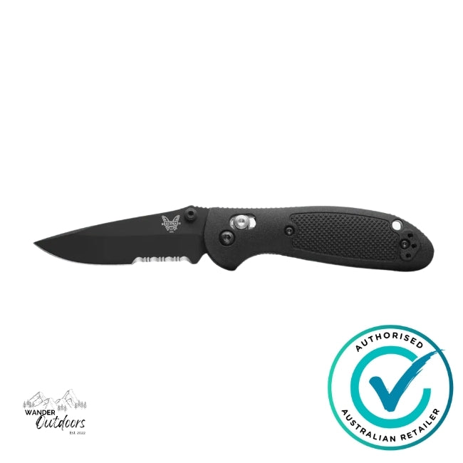 Black folding knife with a visible brand logo on a white background, featuring an 'Authorized Australian Retailer' badge.