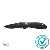 Black folding knife with a visible brand logo on a white background, featuring an 'Authorized Australian Retailer' badge.