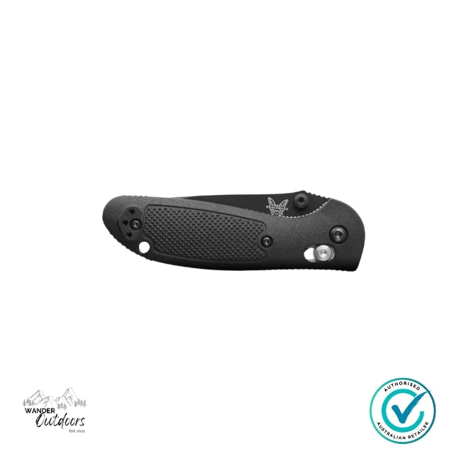 Black folding knife on a white background with a visible brand logo.