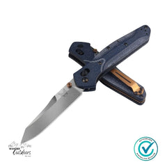 Benchmade 940-04 Osborne folding knife shown open and stacked on its closed twin to highlight blade finish and denim Micarta handle texture.