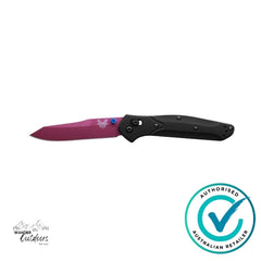 Folding knife with cranberry blade and black handle on a white background, featuring an 'Authorized Australian Retailer' badge.
