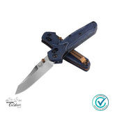 Benchmade 945-04 Mini Osborne folding knife stacked display showing blue denim micarta handles and satin reverse tanto blade.