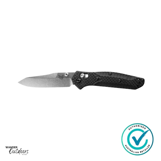 Benchmade 945-2 Mini Osborne, Axis Folding Knife, Carbon Fibre | Flat Lay | Open Blade | Butterfly Edge