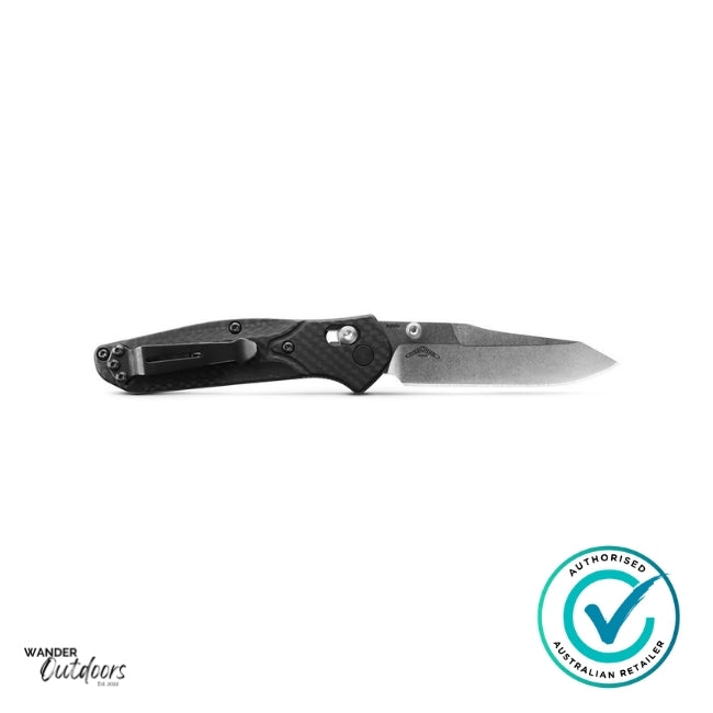 Benchmade 945-2 Mini Osborne, Axis Folding Knife, Carbon Fibre | Flat Lay | Open Blade