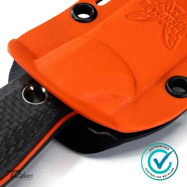 Benchmade 15500OR-2 Meatcrafter Knife - Fixed Blade - Carbon Fibre Handle | Close Up Knife In Sheath