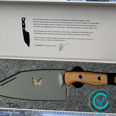 Benchmade B4010-02 Station Knife displayed in gift box with message from Benchmade CEO, showcasing stonewashed CPM154 blade and Maple Valley Richlite handle.