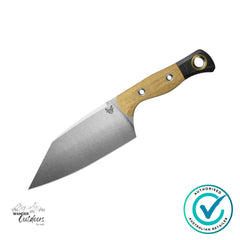 Benchmade Station Knife standing angle showing stonewashed CPM154 blade, Maple Valley Richlite scales, and gold ring pommel detail.