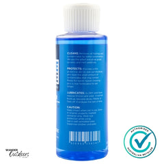 Blue bottle with white cap and label on a white background