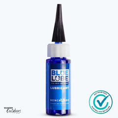 Blue Lube lubricant bottle with a white background