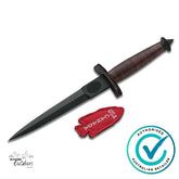 Knife with wooden handle and red sheath labeled 'USA ADPZAC' on a white background, featuring an 'Authorized Australian Retailer' badge.