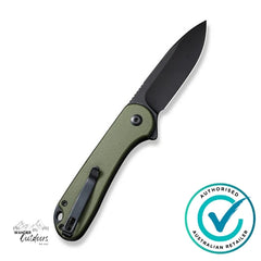 Folding knife with green handle and black blade on a white background, featuring an 'Authorised Australian Retailer' badge.