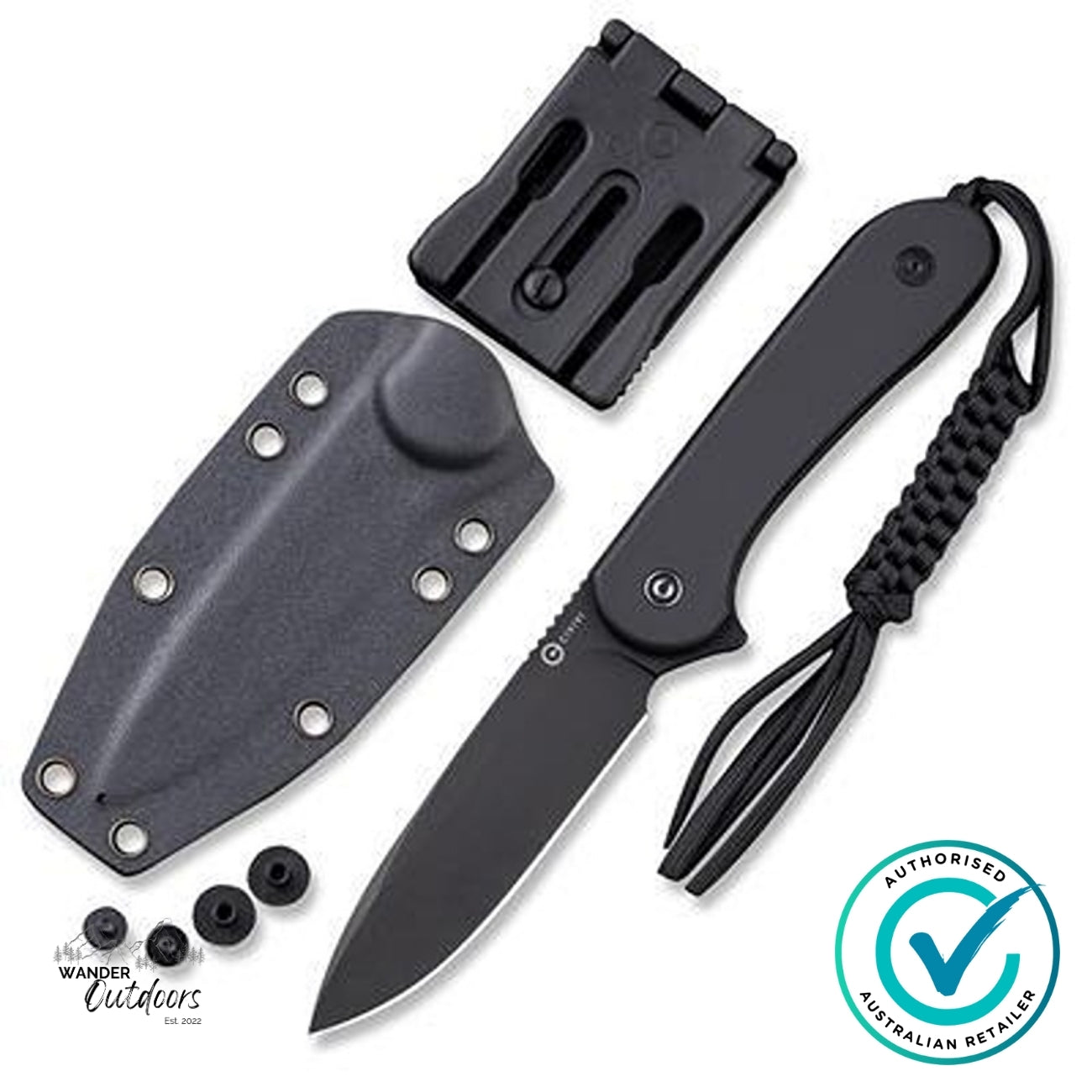 CIVIVI C2105A Fixed Blade Elementum Knife black stonewashed D2 steel with G10 handle, Kydex sheath and T-Clip β Wander Outdoors Australia