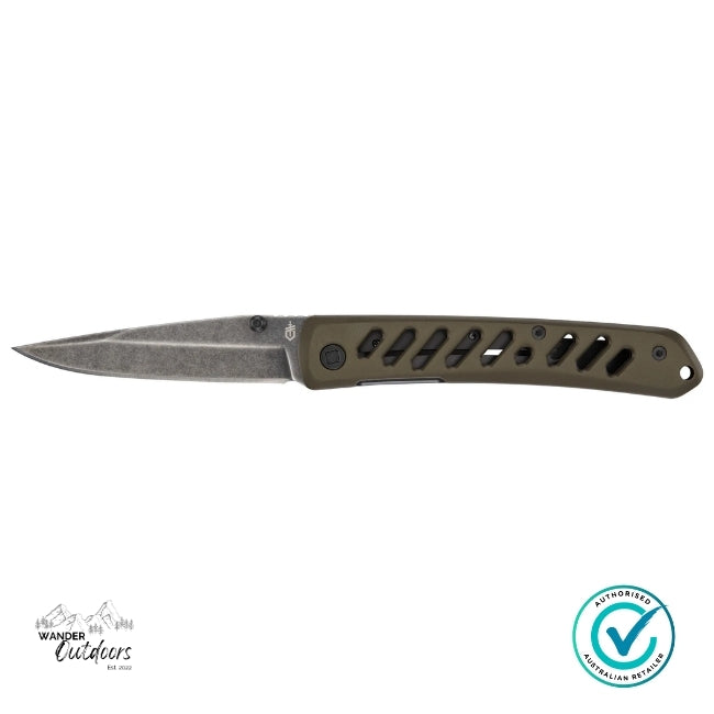 Gerber Affirm Folding Knife in green aluminium handle shown open – tactical-style folding knife with 7Cr17MoV stainless steel blade, Wander Outdoors Australia.